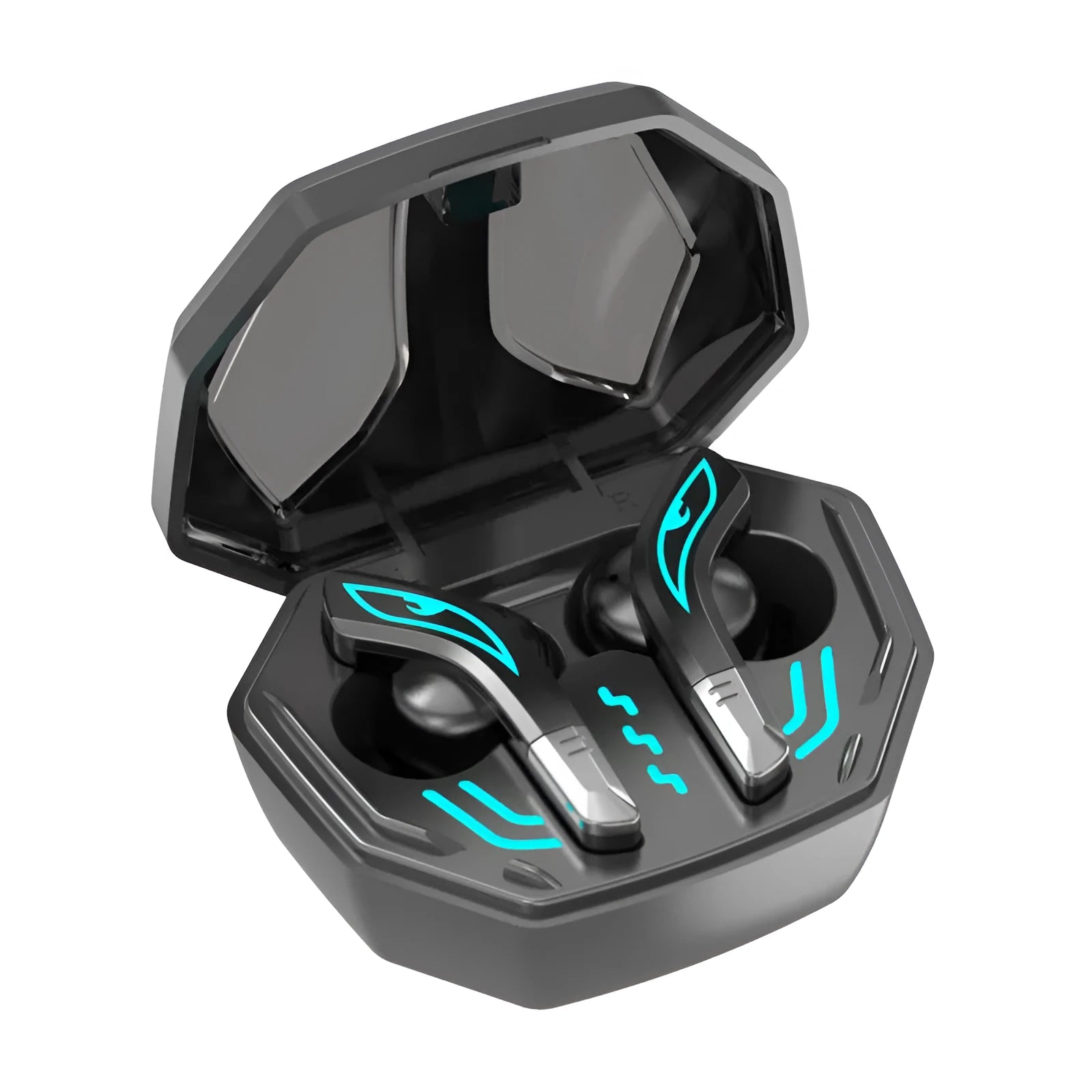 X15 wireless in-ear gaming headset with charging case, shown in optional colours.