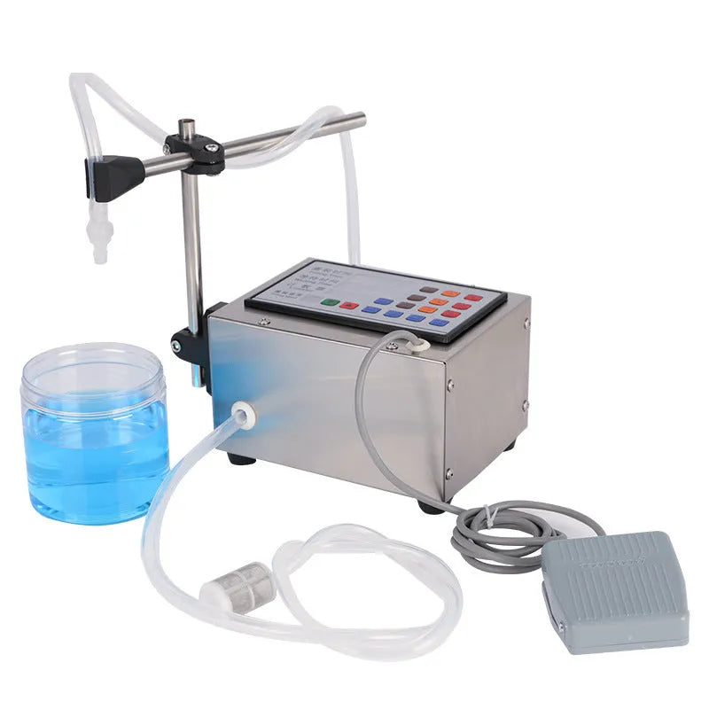 CNC automatic quantitative liquid filling machine GFK280 on a workbench.