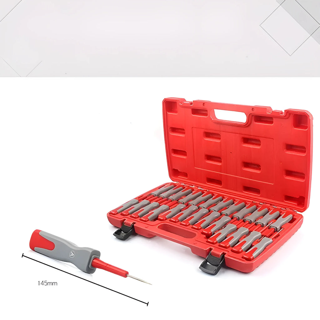 25-piece car terminal removal tool kit in a black storage box for electrical connector disassembly.