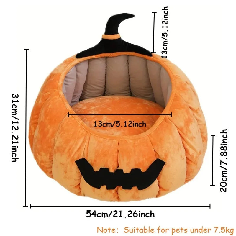 Halloween themed cat bed with cartoon pumpkin and devil design in soft plush fabric