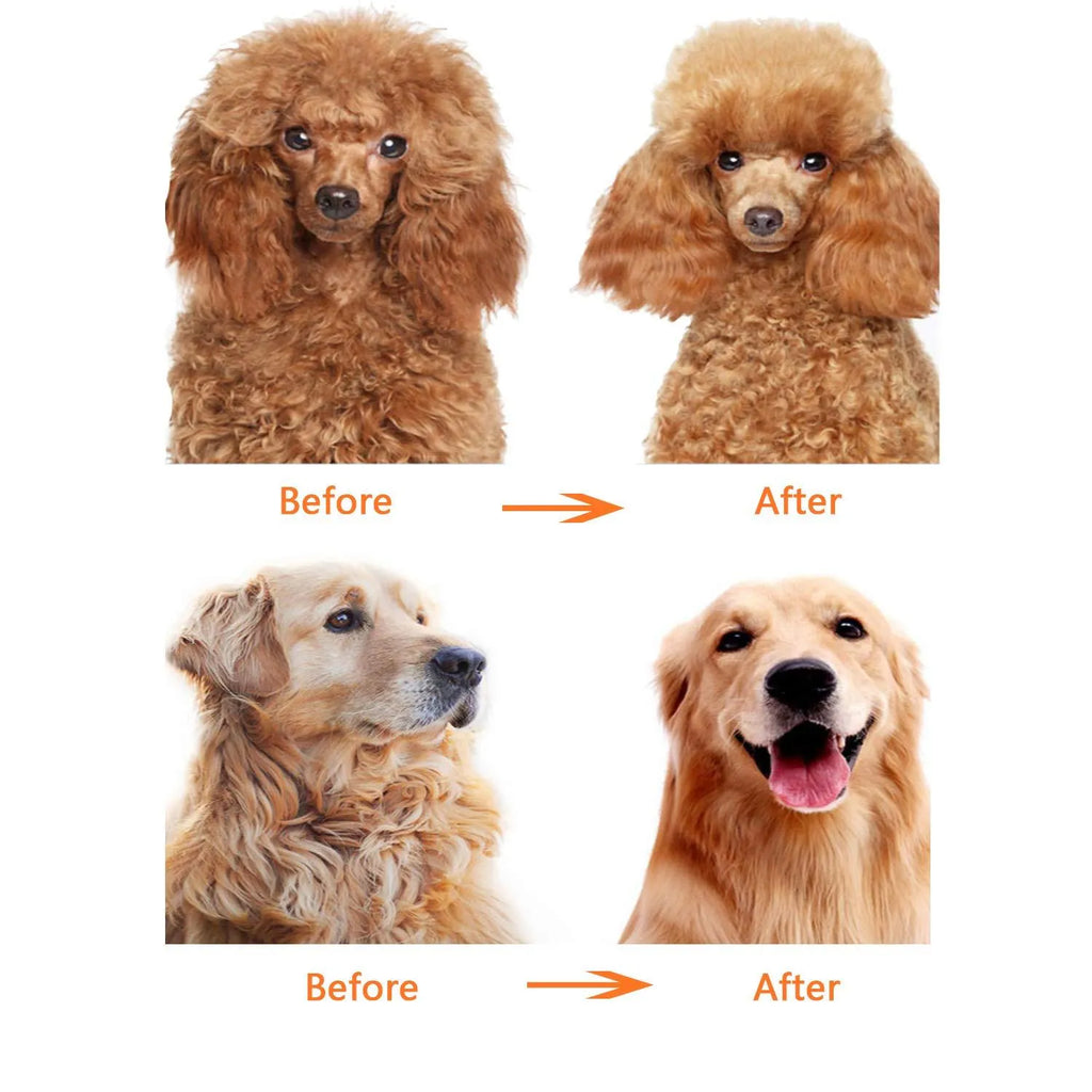 Dual-sided pet grooming comb with stainless steel short and long teeth and a red plastic handle.