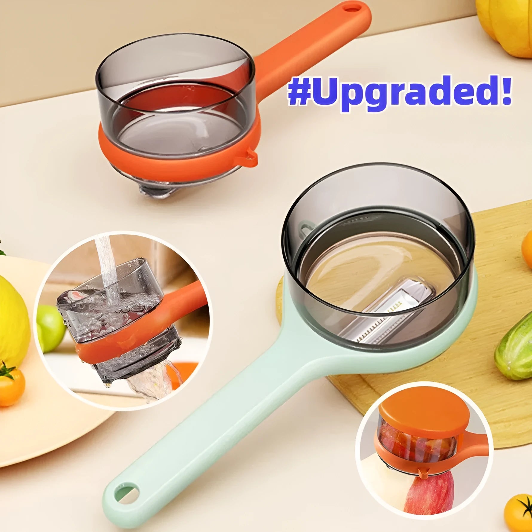 Light green plastic kitchen peeler with built-in storage bucket and scraper function.