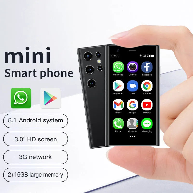 Black, green, and pink purple coloured mini Android smartphone with straight plate design on a white background.