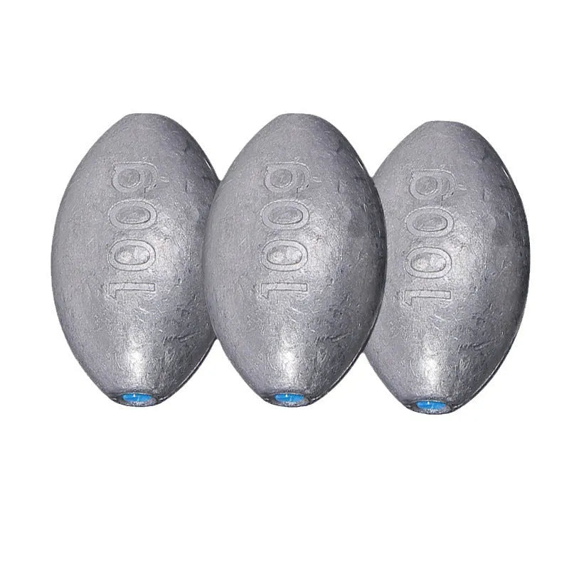 Tongxin olive lead fishing sinker with scale markings, showing rugby shape and plastic core.