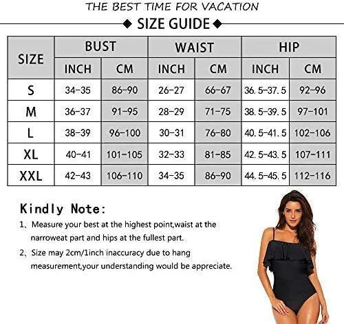Black one-piece cut-out swimsuit with ruffled straps and tube top style.