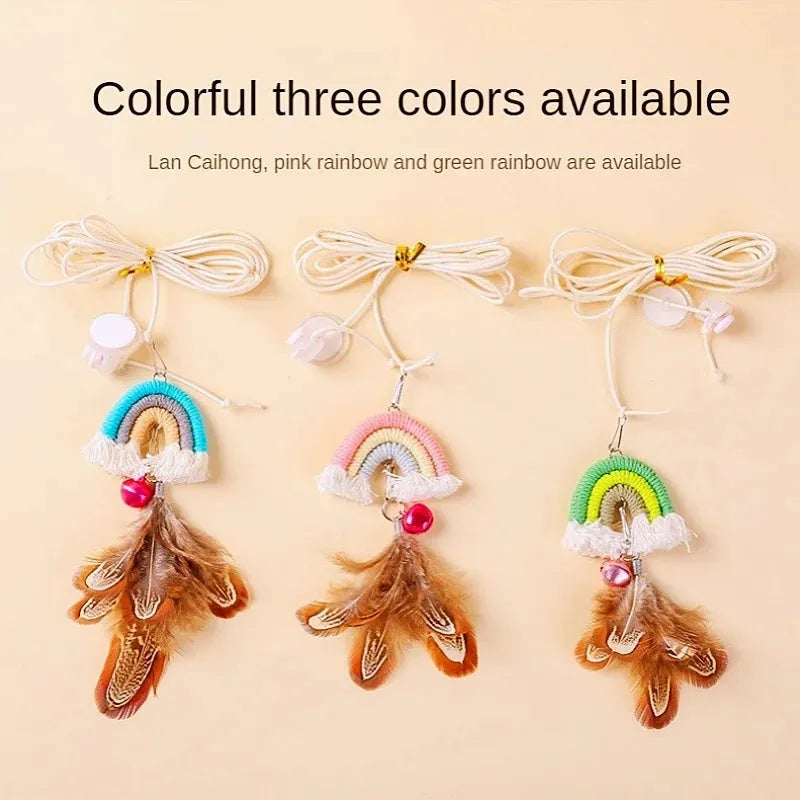 Feather cat rope door hanging toy with elastic swing and sticky buckle clamp in blue, green, or pink colours