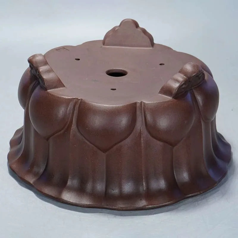 Purple sand clay succulent flower pot with petal-shaped basin and antique finish, 37cm wide.