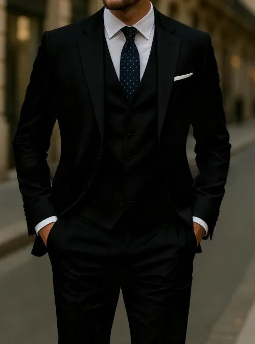Men's three-piece business suit set in dark gray, including jacket, vest, and trousers, polyester fabric, size M.