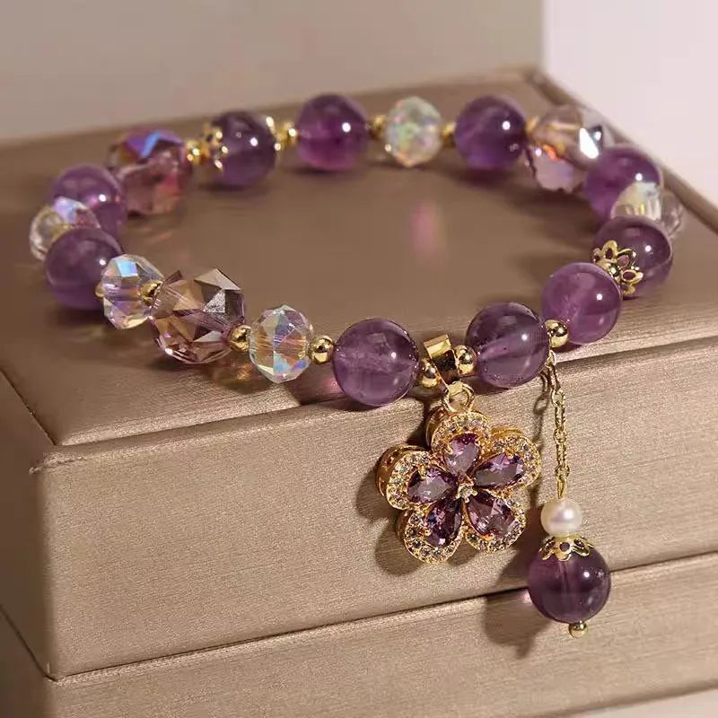 Women's antique style crystal bracelet with purple amethyst fox pendant and five-leaf flower charm.