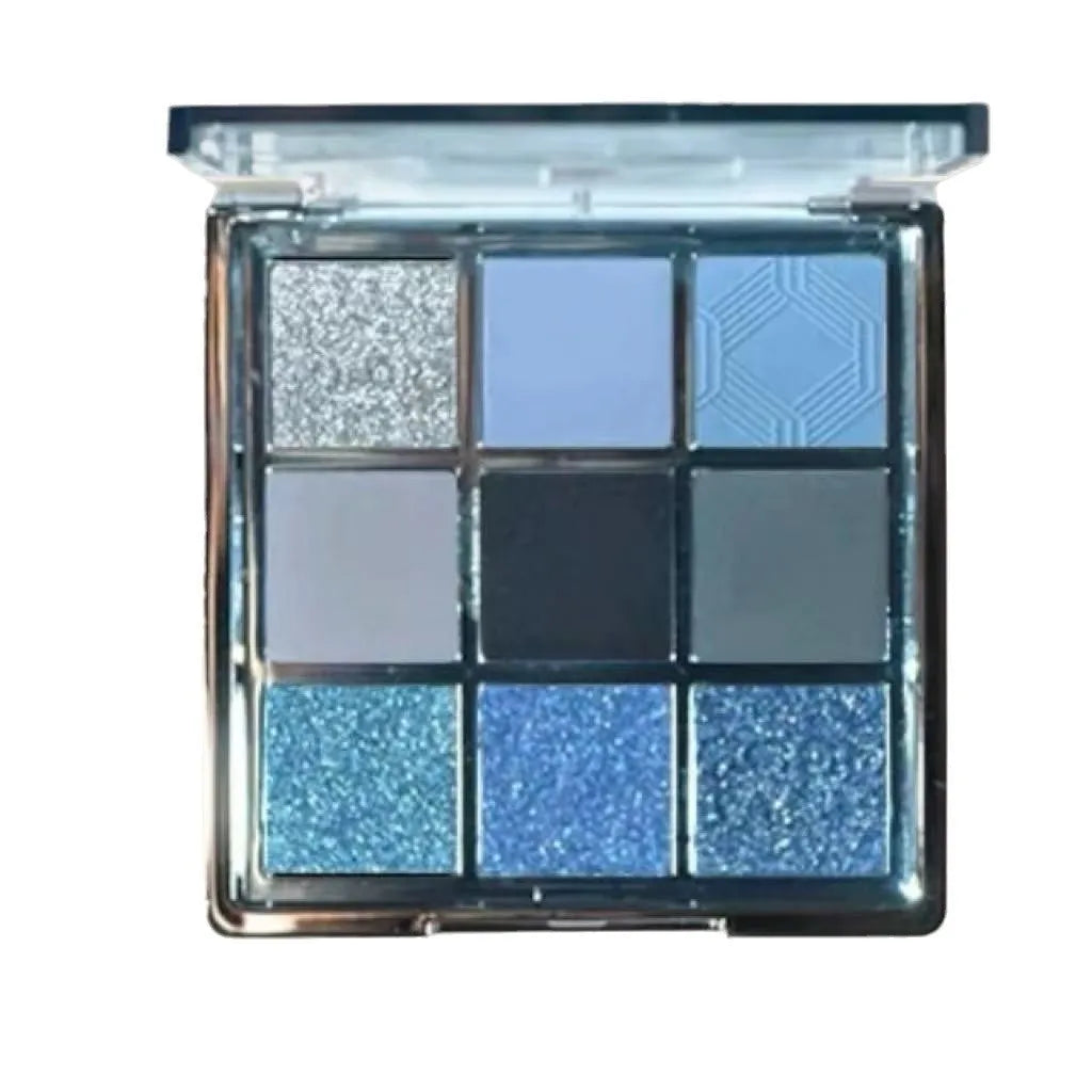 MUGELEEN nine-colour eye shadow palette 08 showing matte, shimmer, and glitter earth tones.