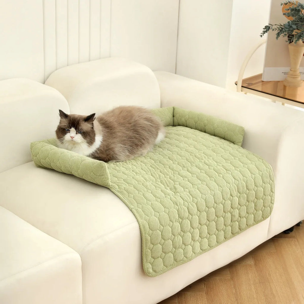 Thick corduroy pet bed mat with neck pillow in beige, 75x75cm, on a floor