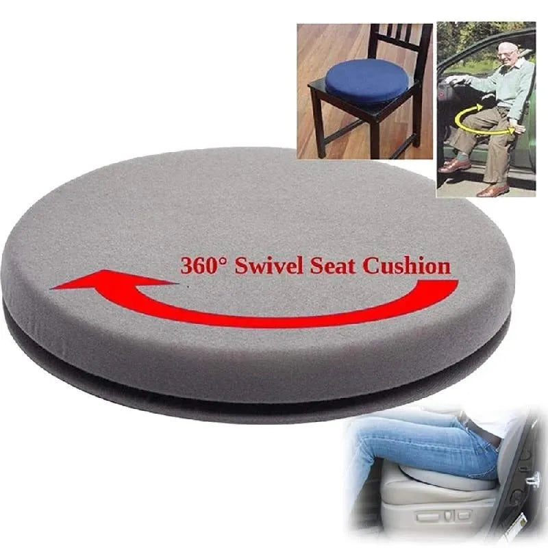 360-degree rotating car seat cushion with non-slip base and plush fabric cover.