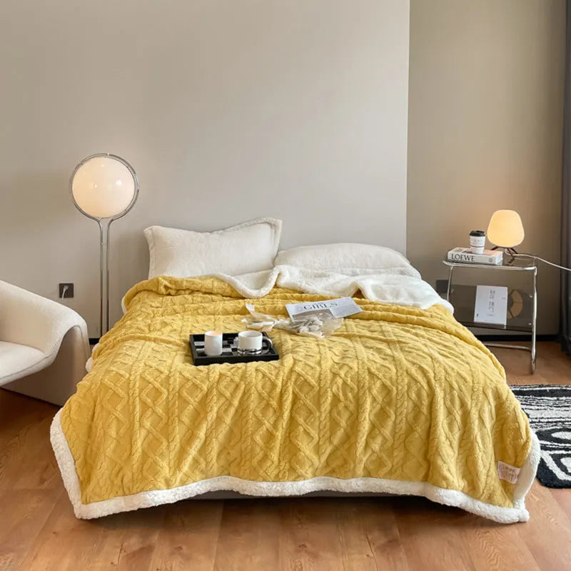 Double bed winter thermal flannel blanket in beige colour showing thickened texture and modern simplicity design