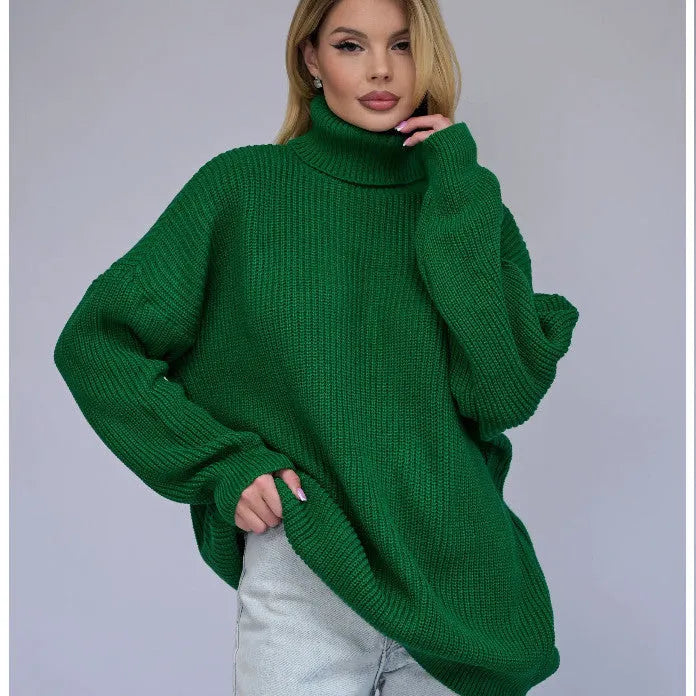 Women's solid colour high neck pullover sweater in a loose fit, shown in sky blue.