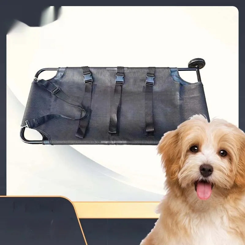 Black foldable aluminium alloy pet stretcher for large dogs in an emergency scenario.