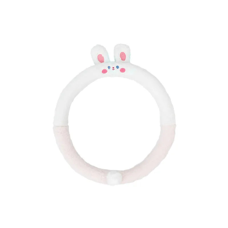 Plush winter steering wheel cover with embroidered cartoon animal, 38cm diameter.