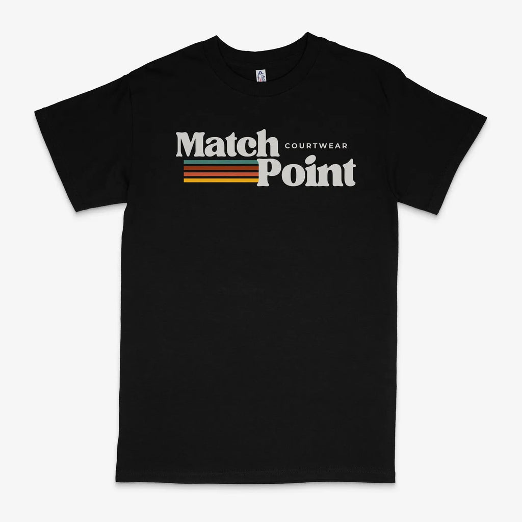 Black men's casual T-shirt with a 3D digital printed text pattern on the front.