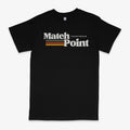 Black men's casual T-shirt with a 3D digital printed text pattern on the front.