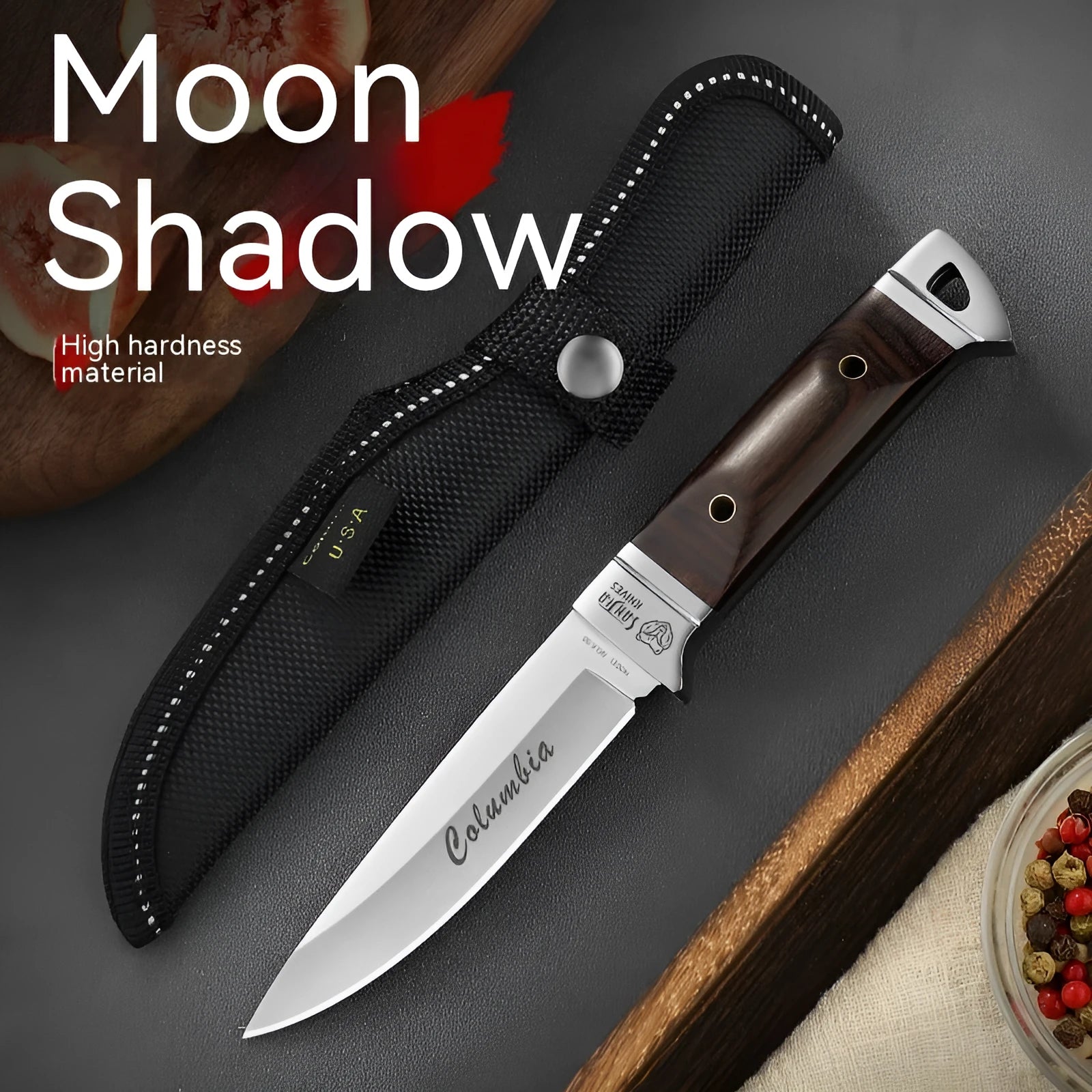 Camping fruit knife with stainless steel blade in leather protective case