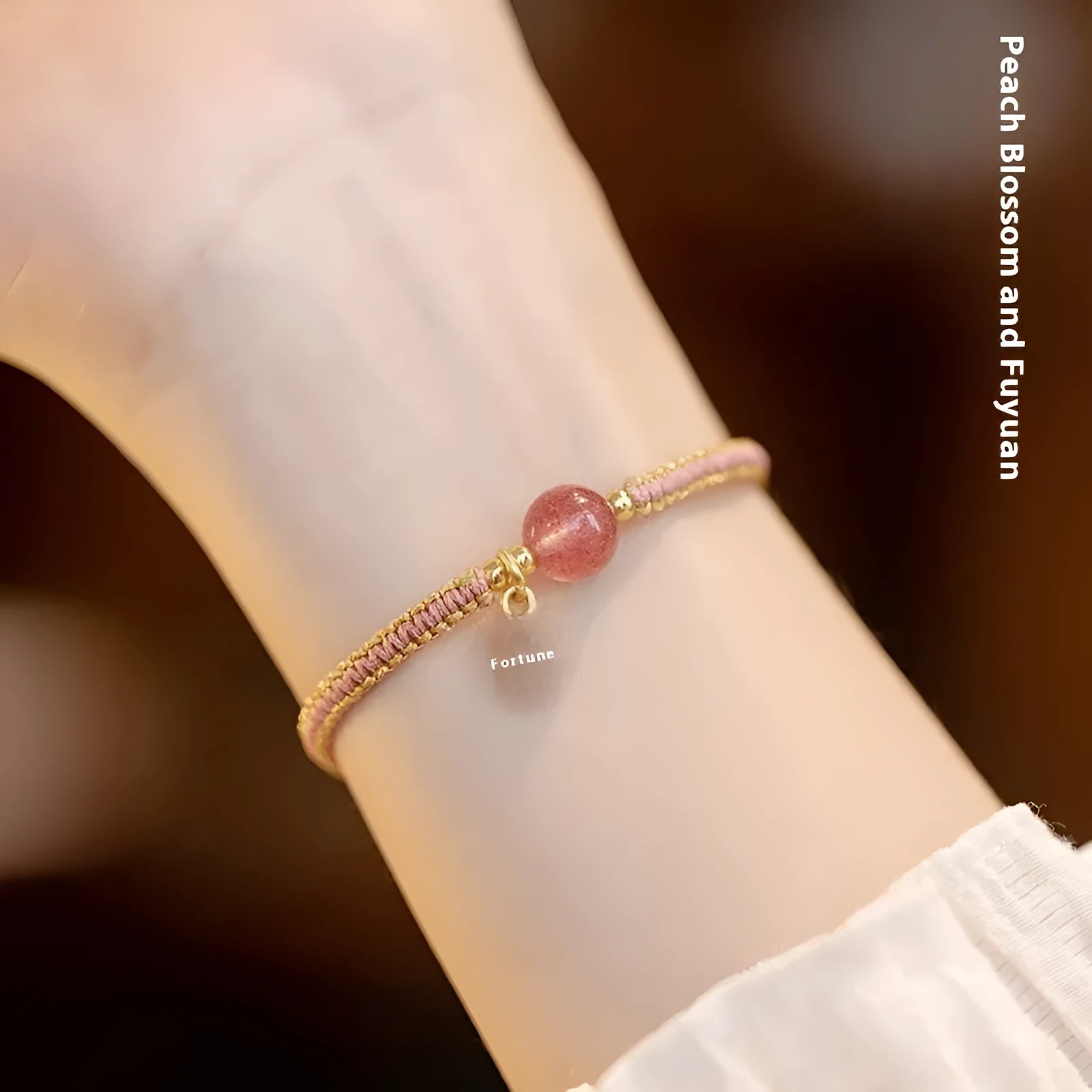 Adjustable red rope bracelet with strawberry quartz beads, showcasing national style design.