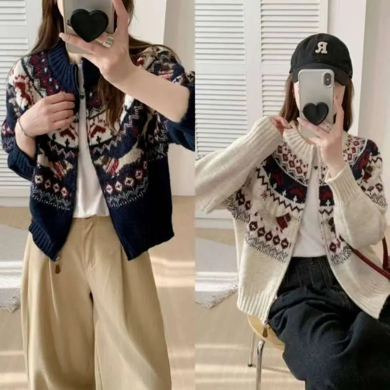 Beige apricot ethnic style jacquard pullover sweater with 3D pattern, round neck, and long sleeves laid flat.