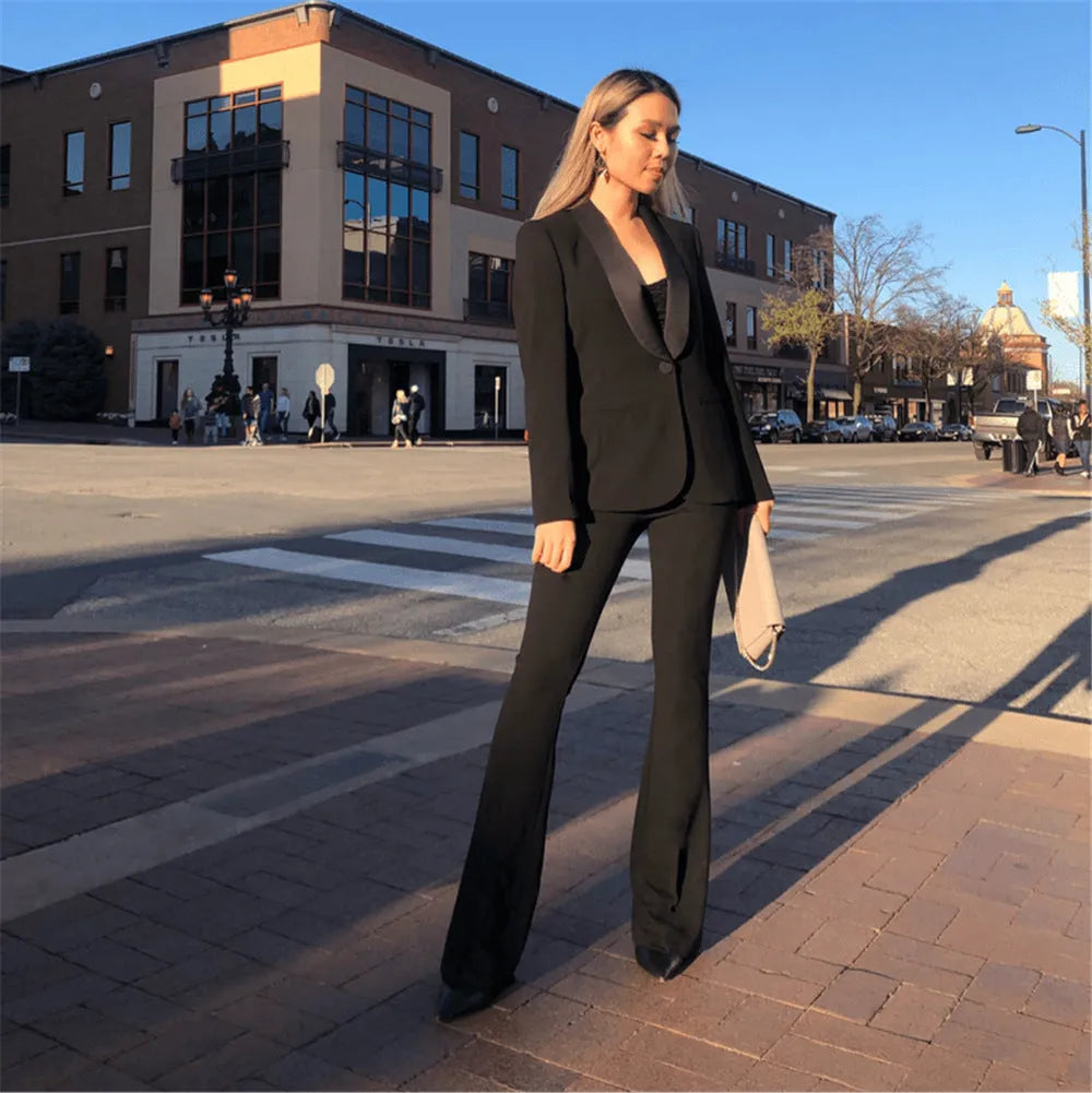 High waist flared black cotton blend trousers for women, sizes M to 3XL, front view