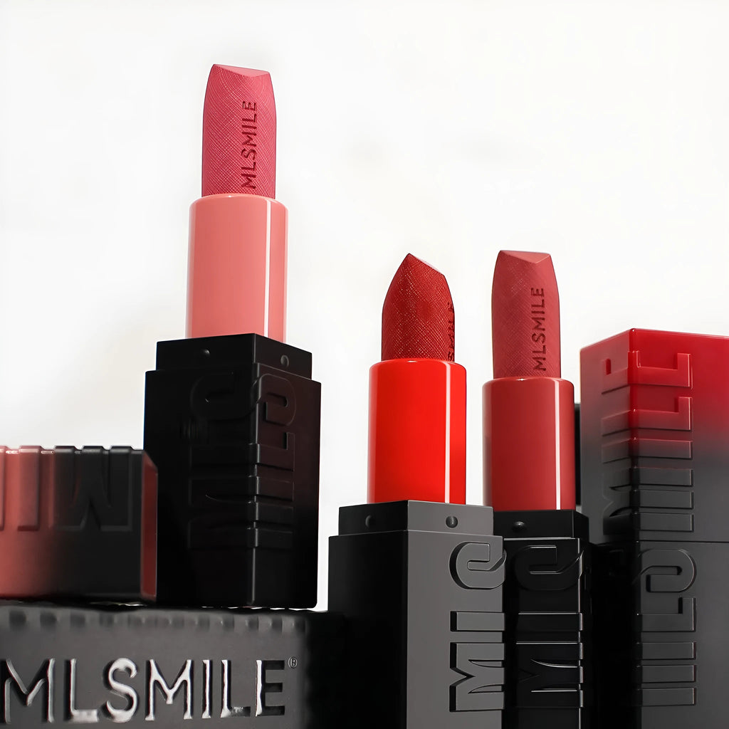 MLSMILE embossed lipstick set showing three tubes in a box with choice of A or B Suit colours.