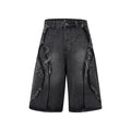 Distressed denim shorts with raw edge detailing in black, dark blue and light blue colours