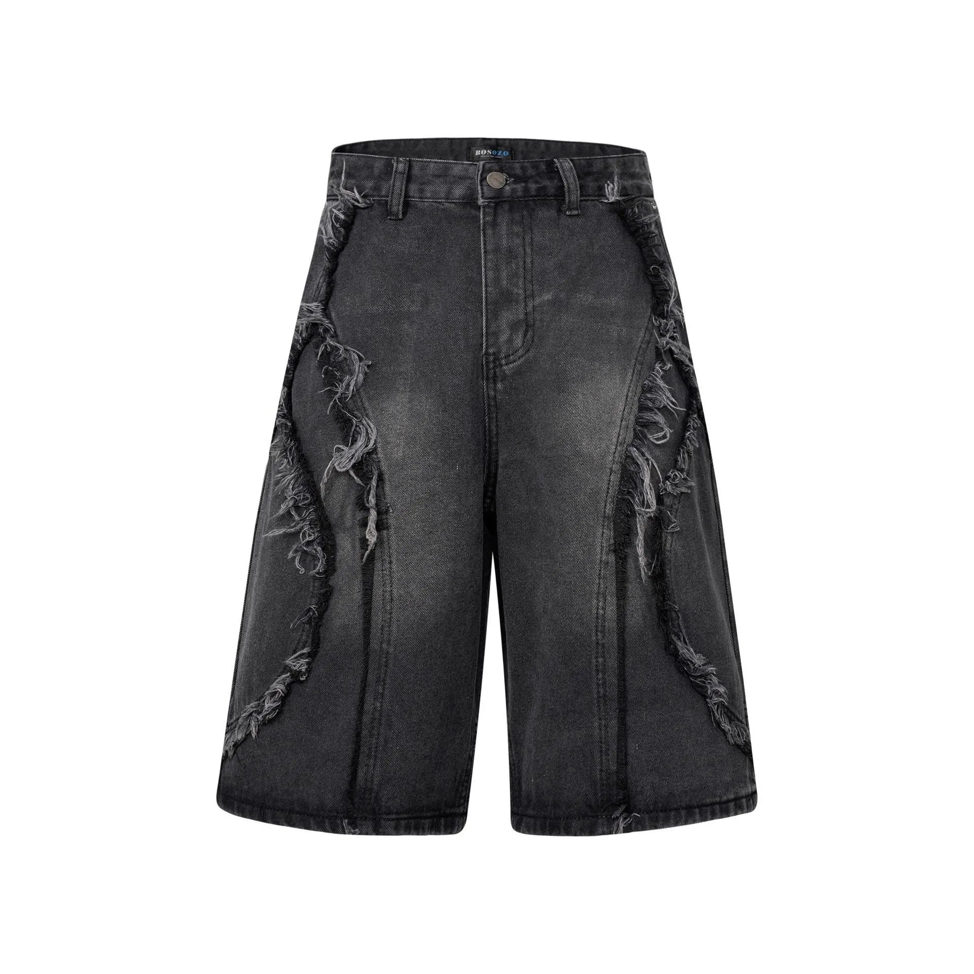 Distressed denim shorts with raw edge detailing in black, dark blue and light blue colours
