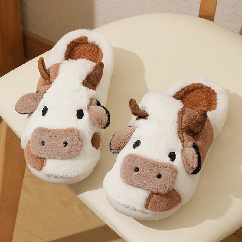 White cow animal slippers with plush faux fur and textured anti-slip soles