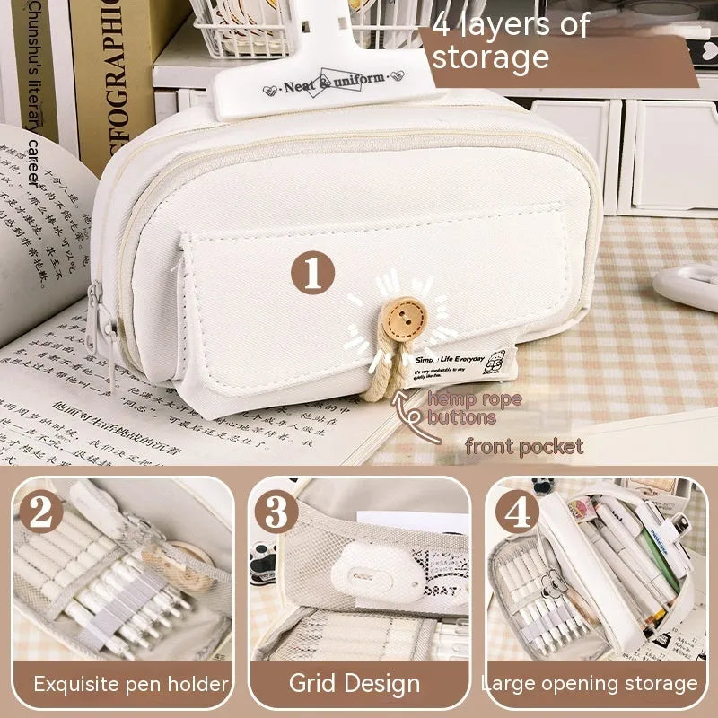 Korean-style large capacity canvas pencil case in green, beige, blue, and grey colour options.