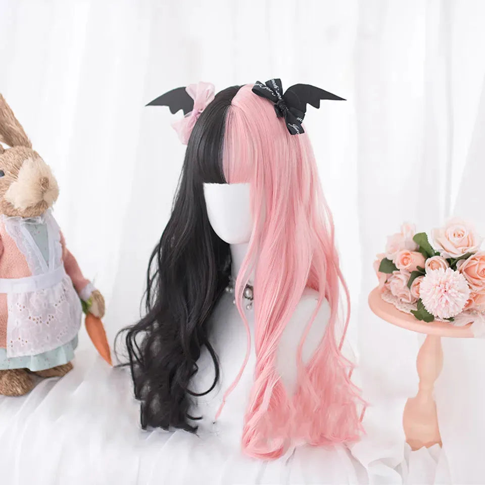 Harajuku Japanese Lolita cosplay wig with long Black Pink curly hair and fringe