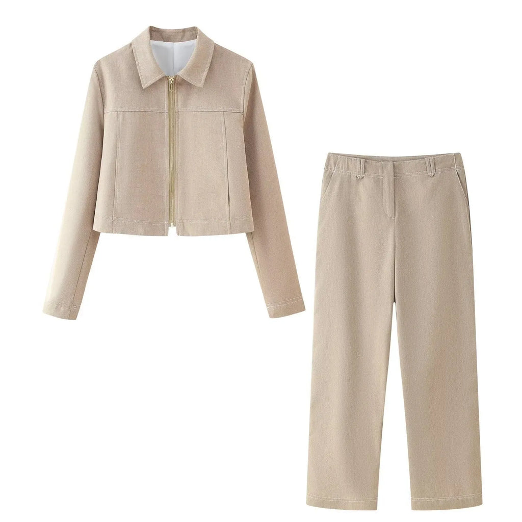 Women's polyester suit set with 3D herringbone pattern embroidery on jacket and trousers