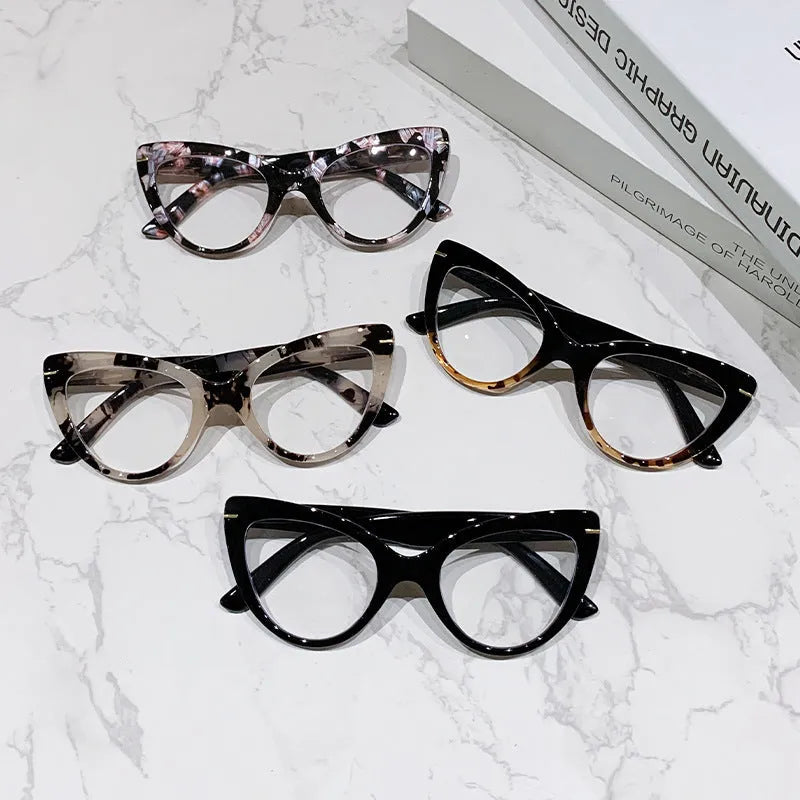 Women's large cat's eye presbyopic glasses with dragon and phoenix decorations on black floral frame