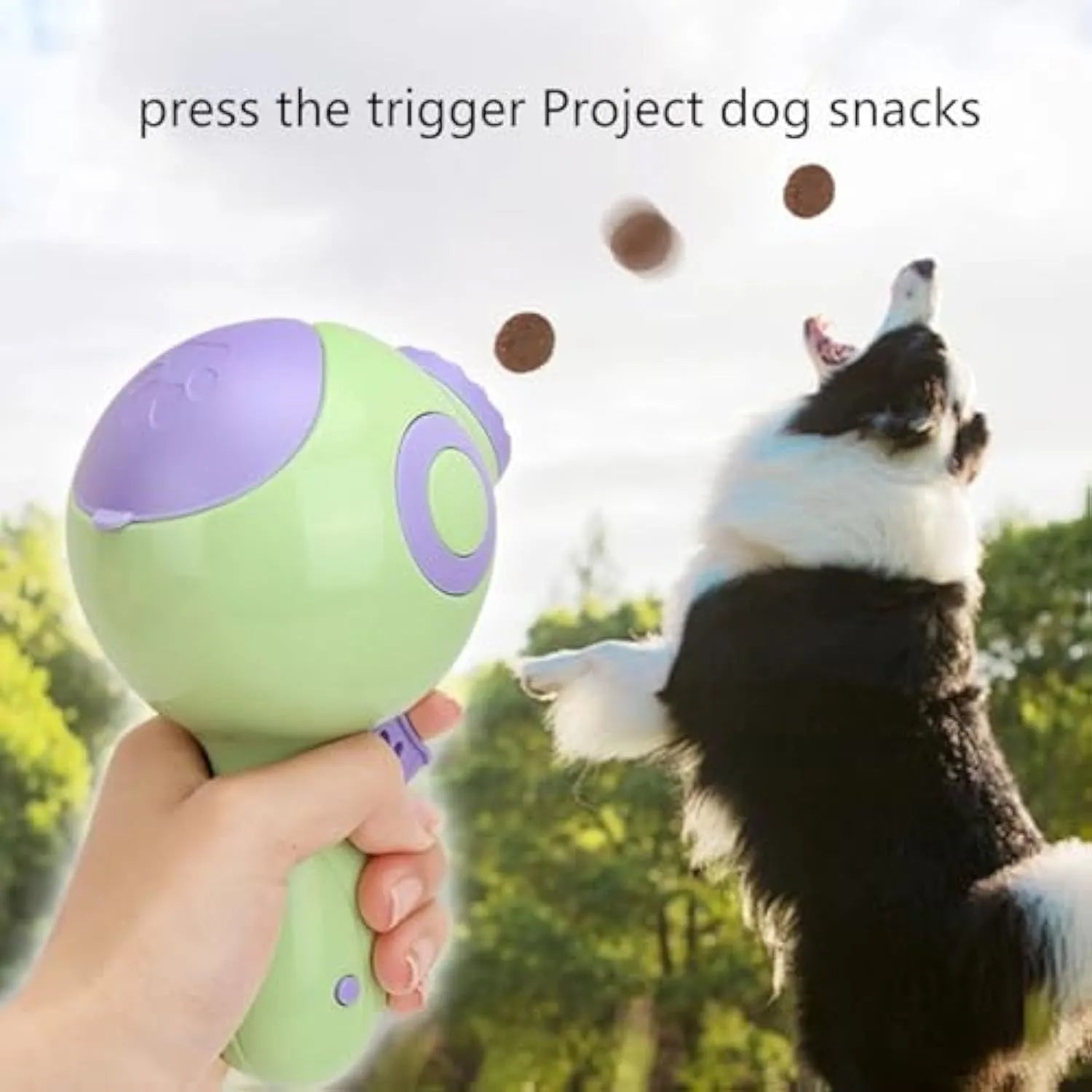 Green, orange, or pink dog treat launcher and slow feeder interactive toy.