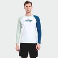 Men's white long-sleeved swim top with matching double-layer swimming trunks for water sports