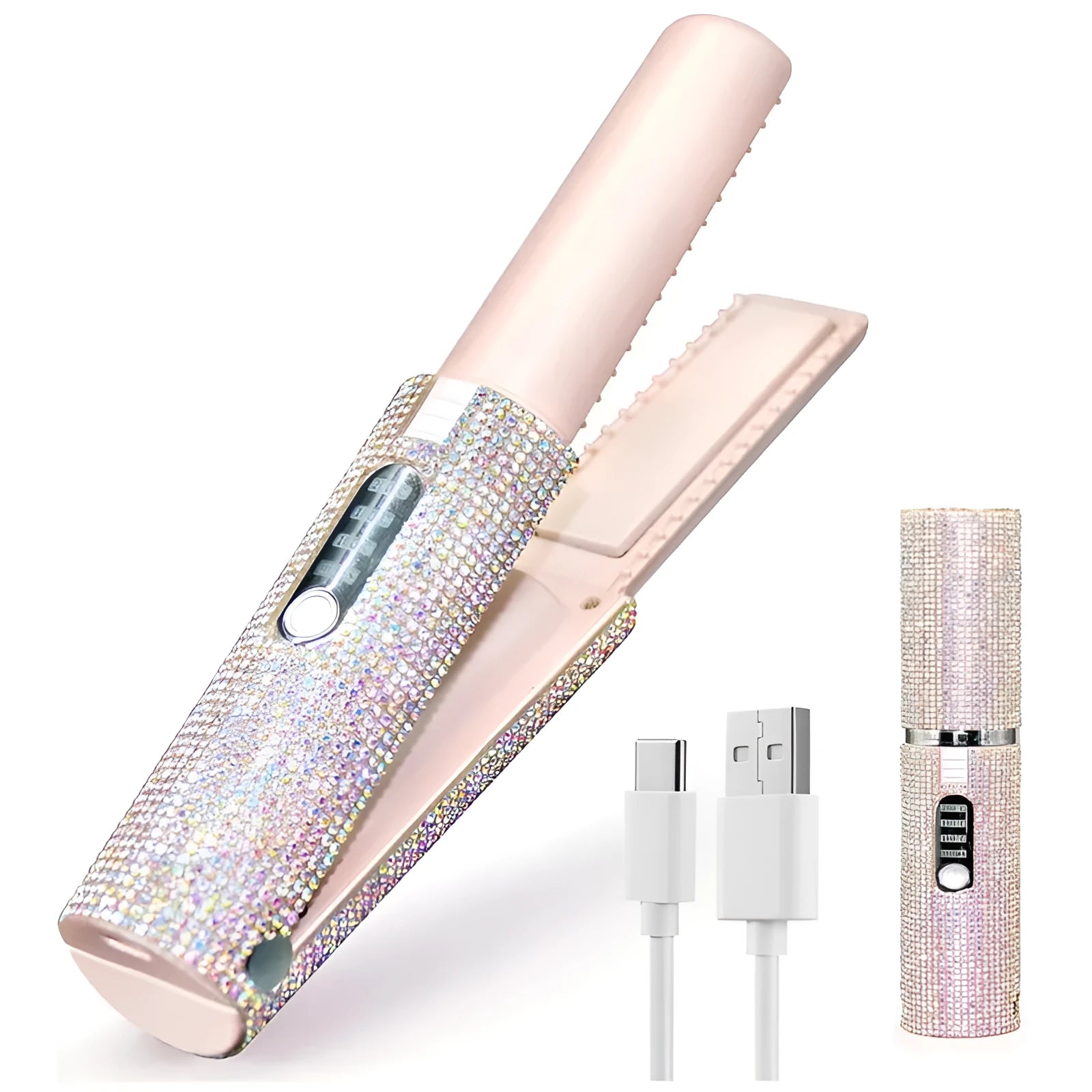 Rechargeable portable USB hair straightener in black with wireless lithium battery for curling and straightening