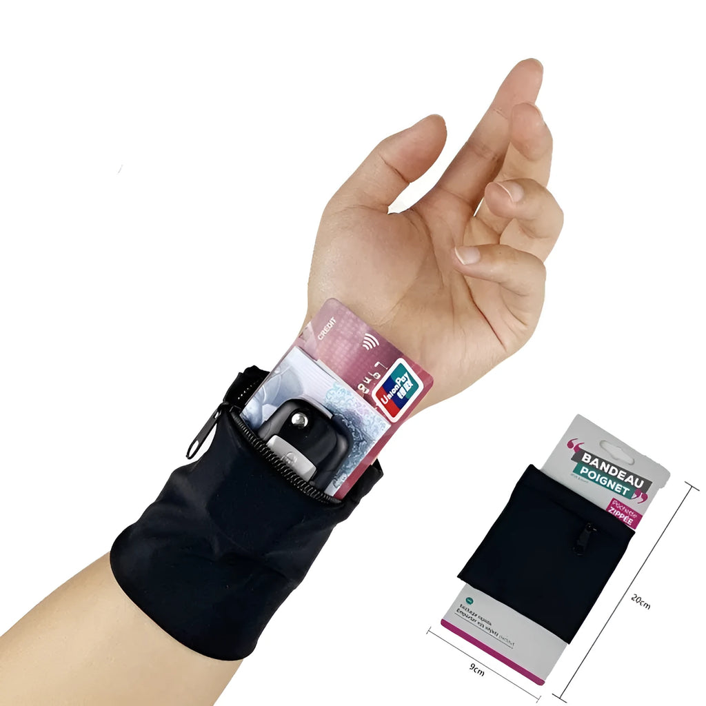 Wrist bag armband sleeve for mobile phone, showing 10x10.5cm dimensions and zipped closure.