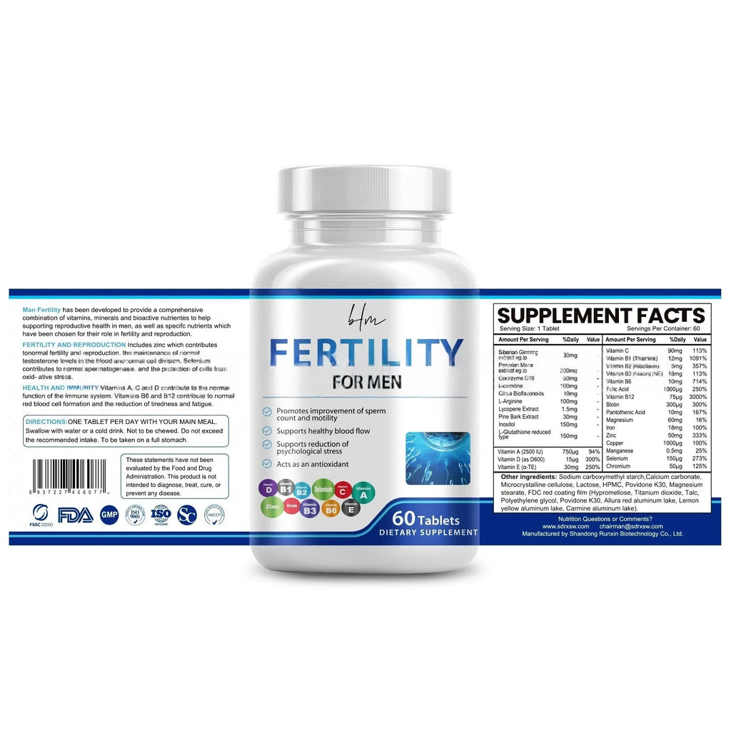 Bottle of 60 male fertility tablets with vitamin mineral amino acids formula for reproductive health
