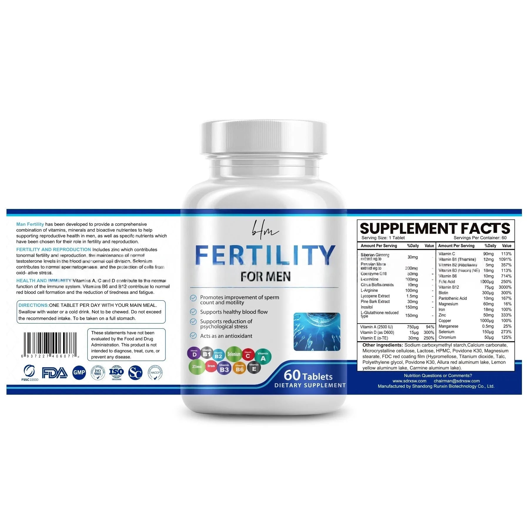 Bottle of 60 male fertility tablets with vitamin mineral amino acids formula for reproductive health