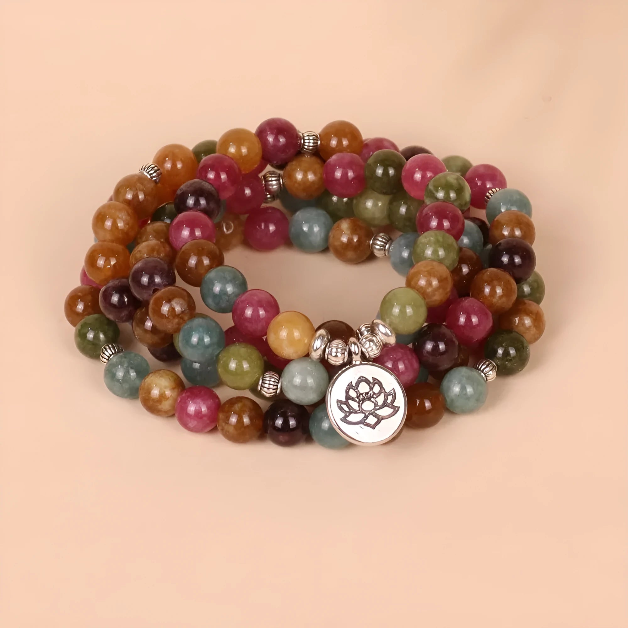 Multi-layer beaded bracelet with 108 tourmaline beads and lotus string design on alloy components