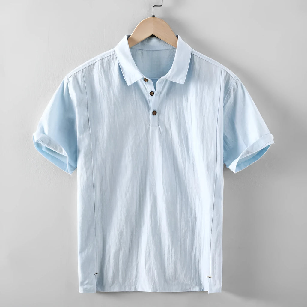 Men's loose fit linen casual shirt in a solid colour, shown in a light gray option.