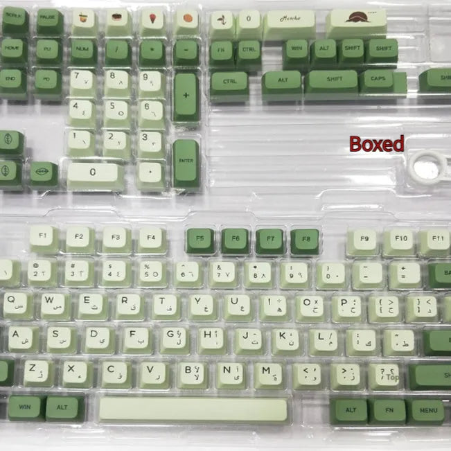 124-key Matcha green PBT keycap set for a mechanical keyboard, showing multiple language layout options.