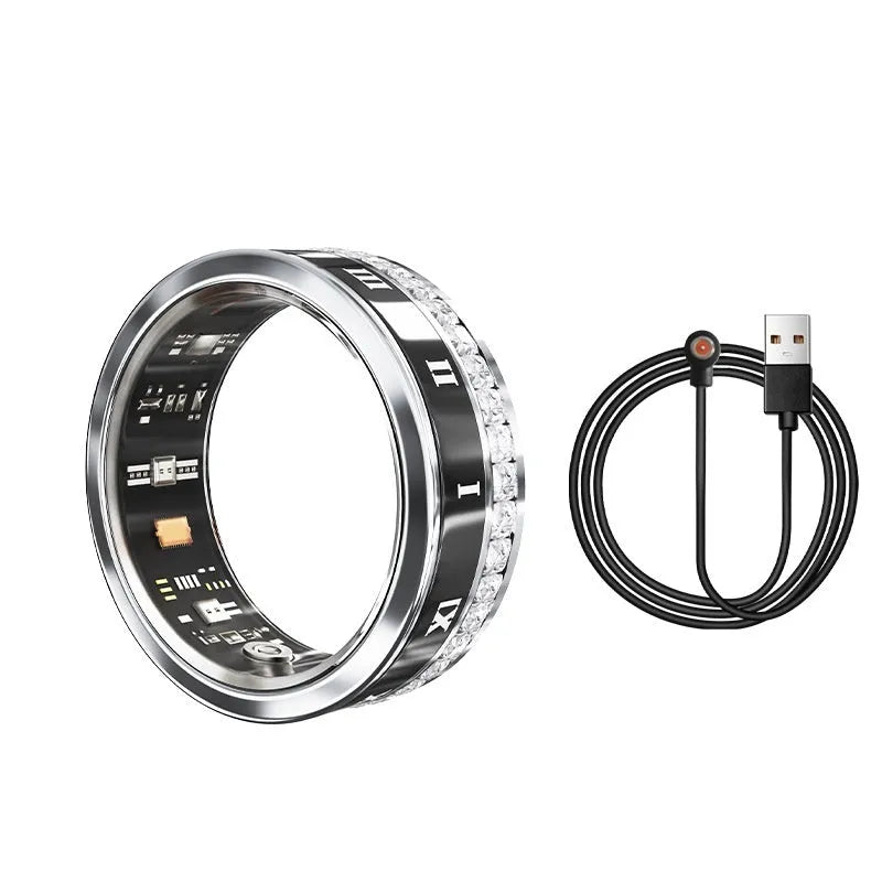 Diamond-inlaid smart ring in silver and gold colours on finger, showing health monitoring display.