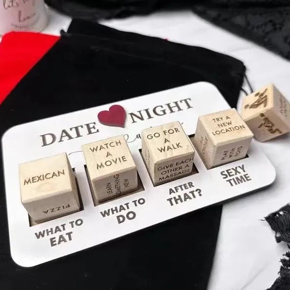 Wooden date night dice set with five dice, planner board and black storage bag for couples