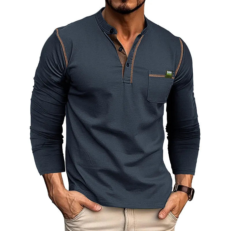 Men's long sleeve cotton blend pullover shirt in six colours: white, dark gray, black, wine red, sapphire blue, dark green. Asian sizes S-XXL.