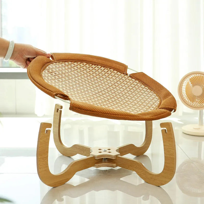 Brown woven rattan pet hammock bed elevated 17.5cm for cats and small dogs