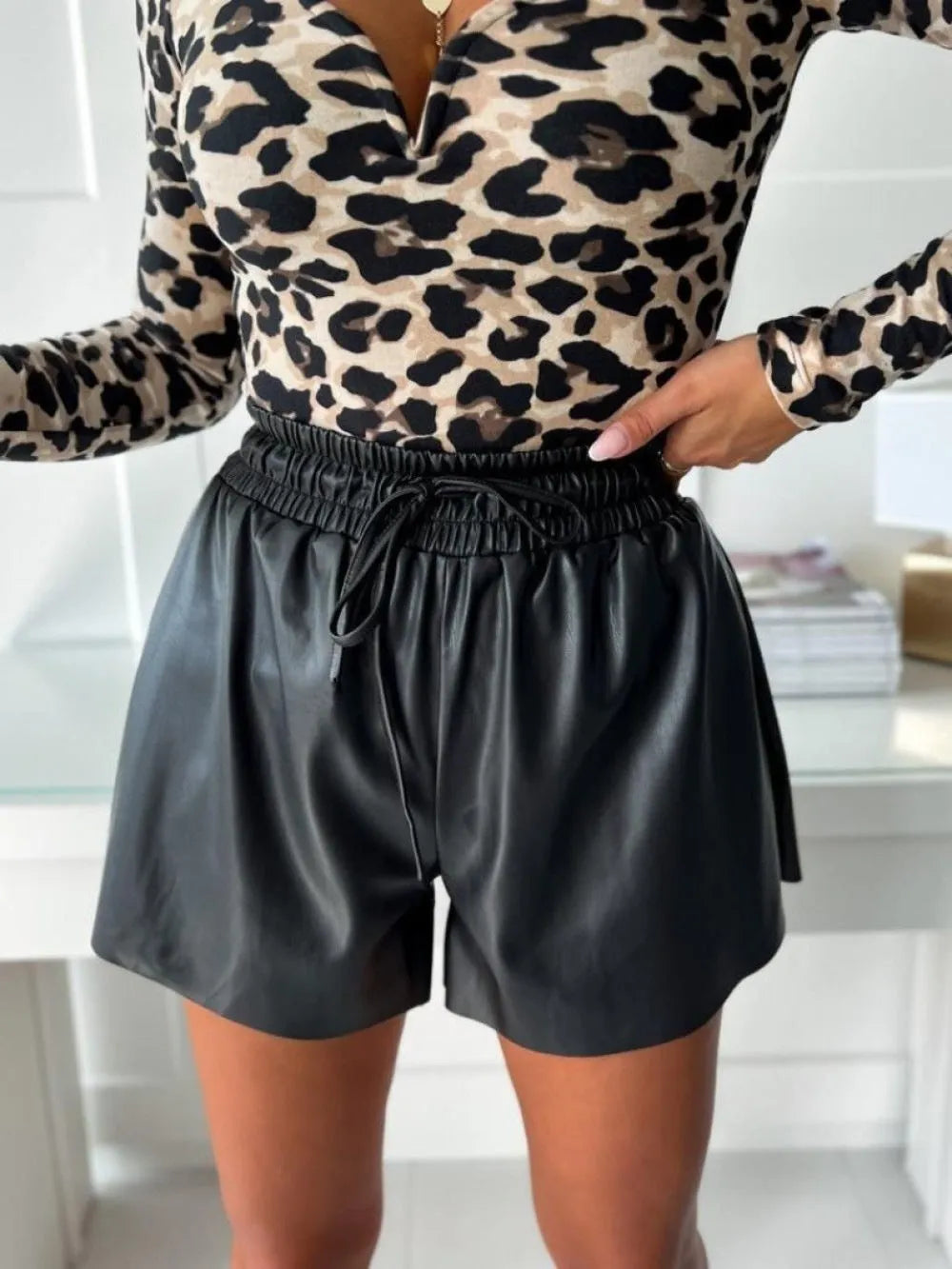 Women's black drawstring lace-up PU leather wide-leg casual shorts with mid-waist design