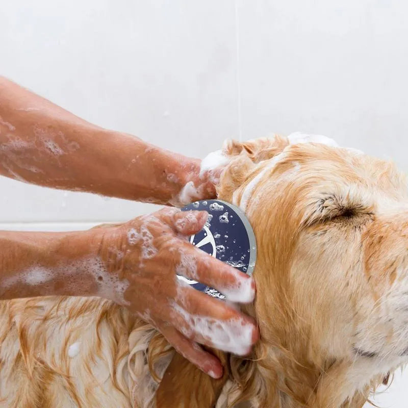 3-in-1 dog shampoo brush with silicone massage points and double-sided scrubbing head