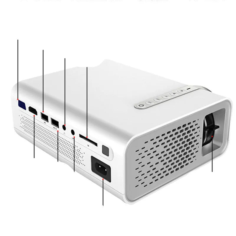 Black and white mini mobile phone projector with LED lens for wireless projection up to 138 inches.